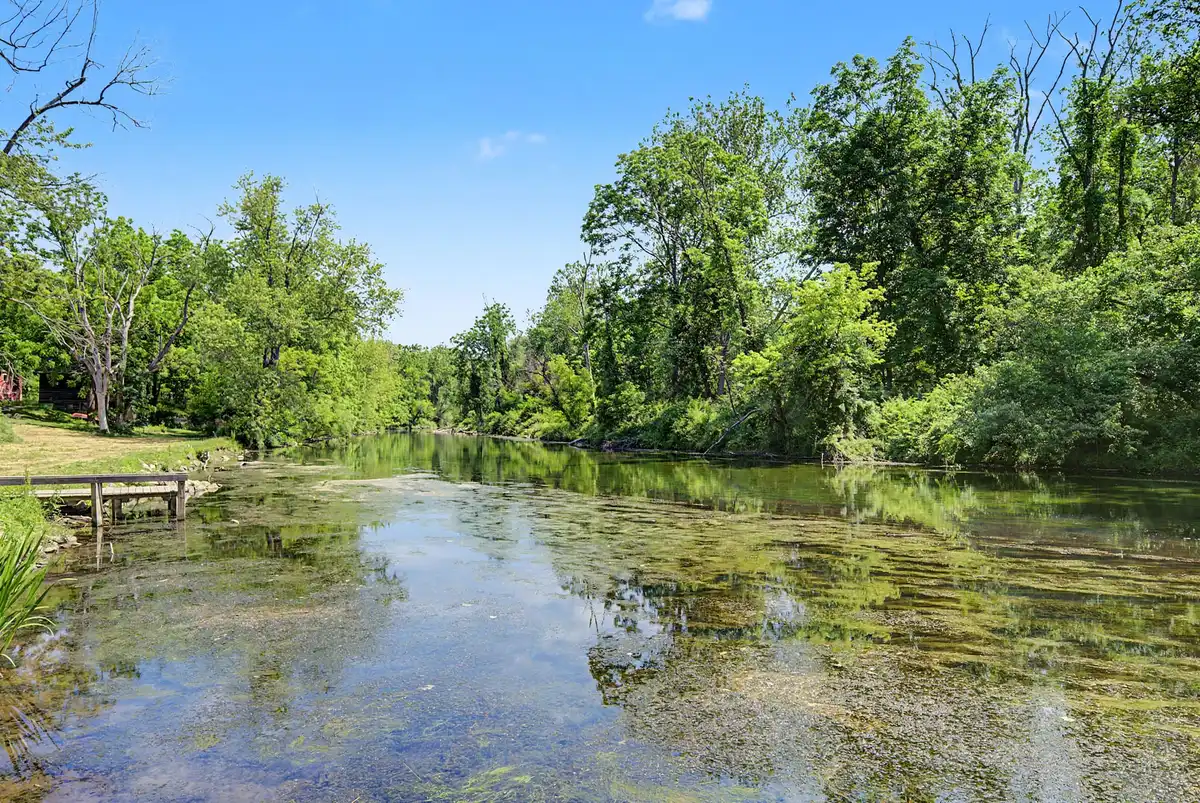 A wide, calm stretch of the Musconetcong River with wooded banks on both sides