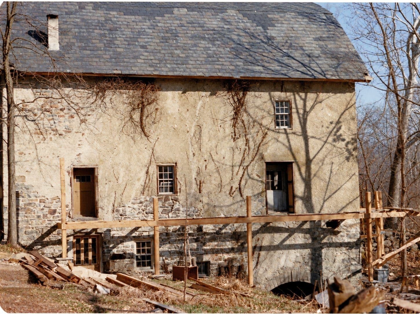The shored and scaffolded mill, colour and detail recovered